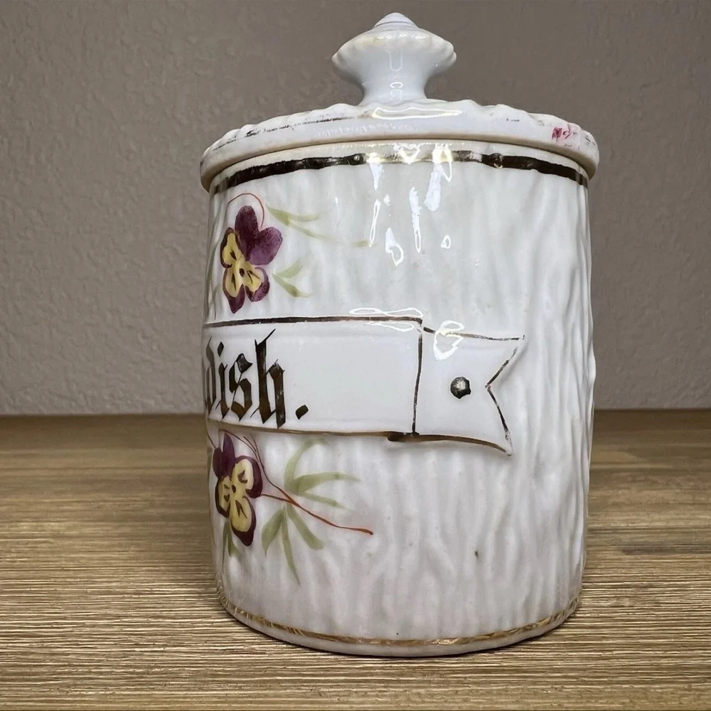 Antique Victorian Porcelain Horseradish Pot Jar Hand Painted Floral Gilt Lid